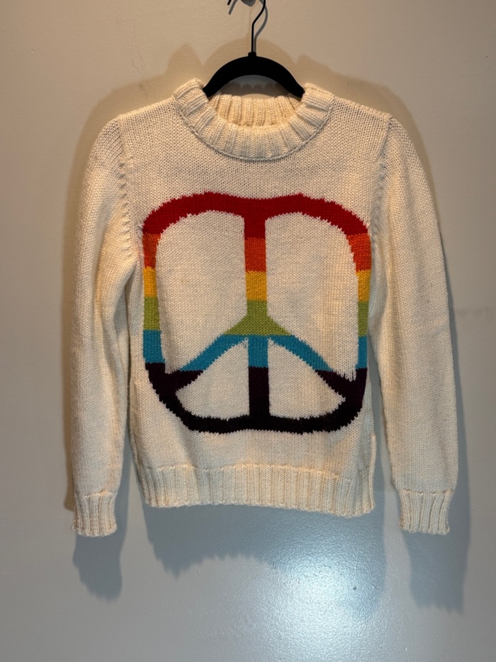 Artesania Cream Knit Sweater with Rainbow Peace Sign size small